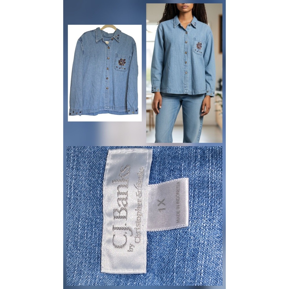 Vintage Denim jean fall Floral Embroidered Chambray Shirt Size 1X 18/20